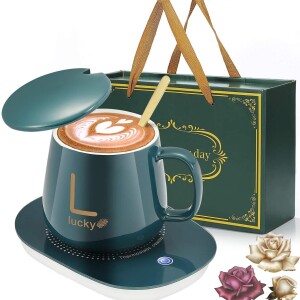 Ceramic Coffee Mug Warmer with Lid & Spoon, Desk Coffee Mug, For Home, Kitchen and Office, Beverage Warmer Cup Heater.