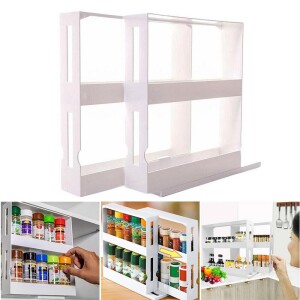 Multi-function Kitchen Spices Organizer Shelf,Pull-and-Rotate 2 Tier Seasoning Jar Rack for Kitchen Countertop & Cabinet