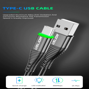 USLION Type C 1M Green Lighting 3A Cable For Fast Charging And Data Transfer, High Quality Universal USB Cable
