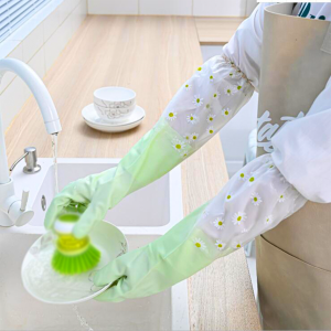 Waterproof Dishwashing Gloves, 1 Pair Full Long Cuff Flock Lining Household Cleaning Gloves