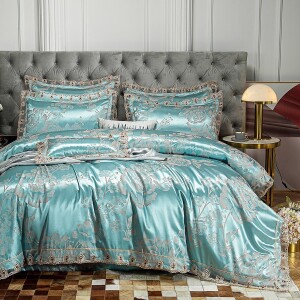 Gold Satin Jacquard Luxury Euro Bedding Set Soft Silky Double Duvet Cover Bedroom Set, Pillowcases, No Comforter Include